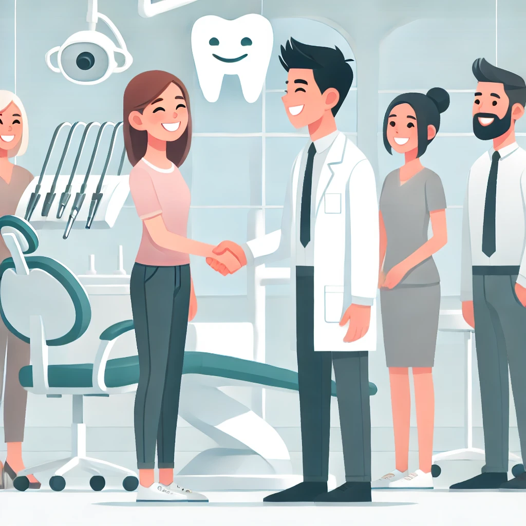 Zahnarzt begrüßt Patientin